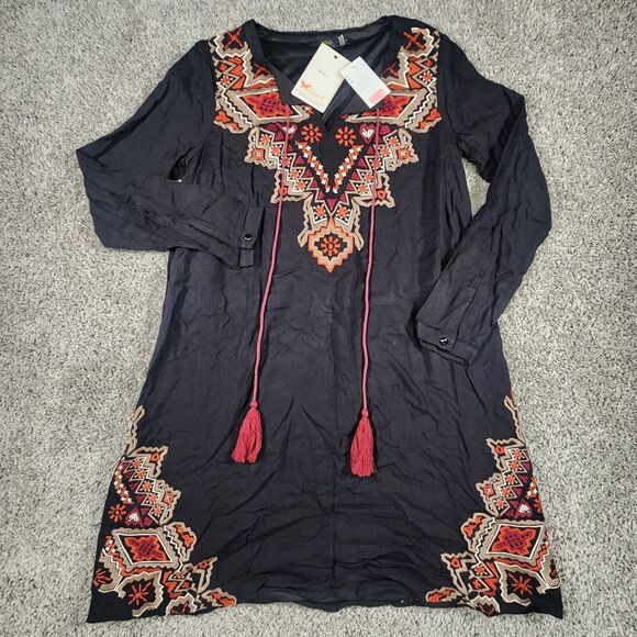 THML Tunic Top Womens XS Aztec Embroidered‎ Anthropologie Boho Mini Dress Black - Picture 1 of 16